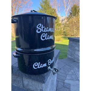 Speckled Enamel Black Double Steam Pot 16” Lobster Clam Broth Spigot - 3 Pc Set